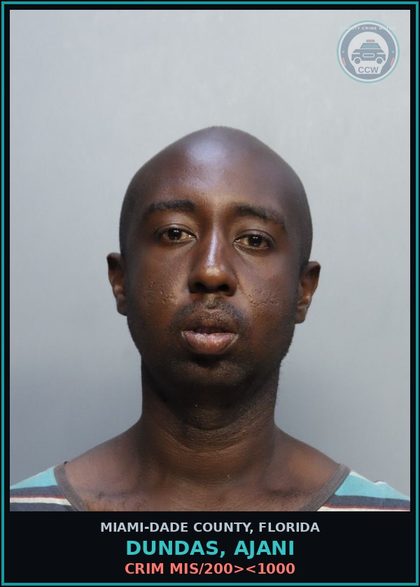 CCW arrest card for DUNDAS, AJANI in Miami-Dade County: CRIM MIS/200><1000