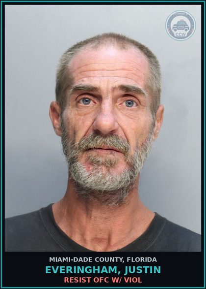 CCW arrest card for EVERINGHAM, JUSTIN in Miami-Dade County: RESIST OFC W/ VIOL