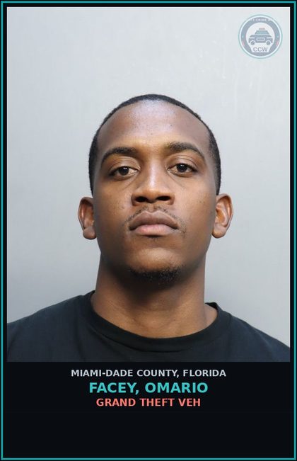 CCW arrest card for FACEY, OMARIO in Miami-Dade County: GRAND THEFT VEH