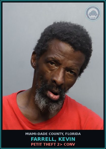 CCW arrest card for FARRELL, KEVIN in Miami-Dade County: PETIT THEFT 2> CONV