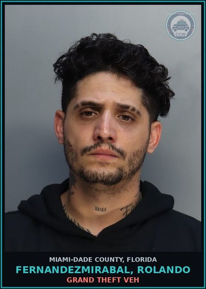 CCW arrest card for FERNANDEZMIRABAL, ROLANDO in Miami-Dade County: GRAND THEFT VEH