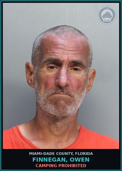 CCW arrest card for FINNEGAN, OWEN in Miami-Dade County: CAMPING PROHIBITED