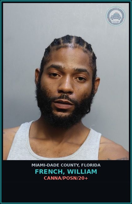 CCW arrest card for FRENCH, WILLIAM in Miami-Dade County: Canna/POSN/20+
