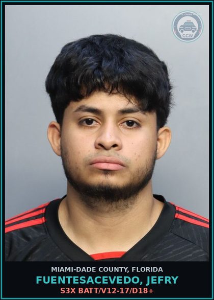 CCW arrest card for FUENTESACEVEDO, JEFRY in Miami-Dade County: s3x BATT/V12-17/D18+