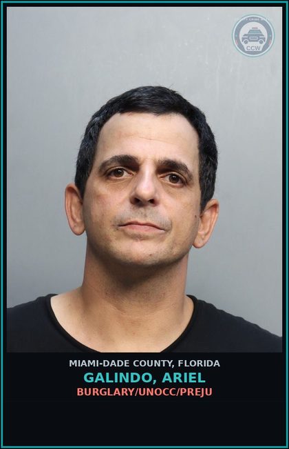 CCW arrest card for GALINDO, ARIEL in Miami-Dade County: BURGLARY/UNOCC/PREJU