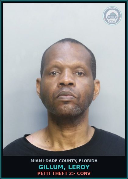 CCW arrest card for GILLUM, LEROY in Miami-Dade County: PETIT THEFT 2> CONV