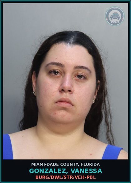 CCW arrest card for GONZALEZ, VANESSA in Miami-Dade County: BURG/DWL/STR/VEH-PBL