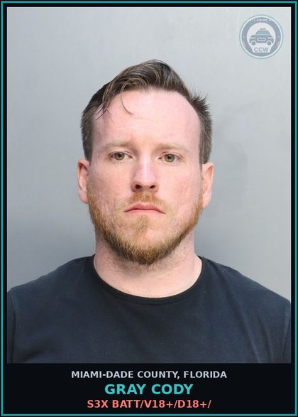 CCW arrest card for GRAY CODY in Miami-Dade County: s3x BATT/V18+/D18+/