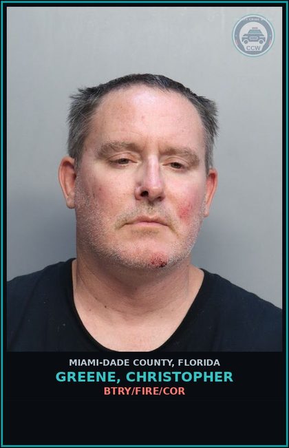 CCW arrest card for GREENE, CHRISTOPHER in Miami-Dade County: BTRY/FIRE/COR