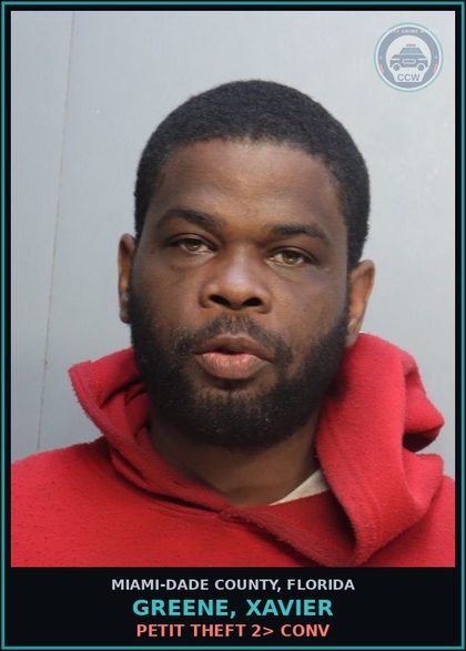 CCW arrest card for GREENE, XAVIER in Miami-Dade County: PETIT THEFT 2> CONV