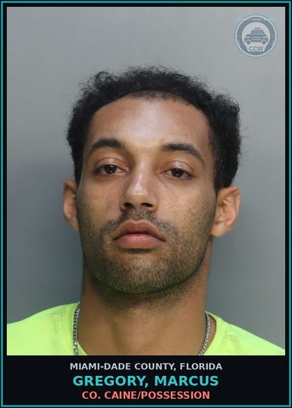 CCW arrest card for GREGORY, MARCUS in Miami-Dade County: COCAINE/POSSESSION