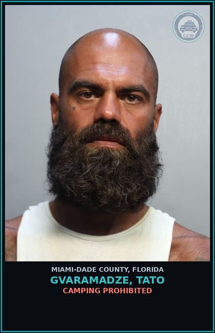 CCW arrest card for GVARAMADZE, TATO in Miami-Dade County: CAMPING PROHIBITED