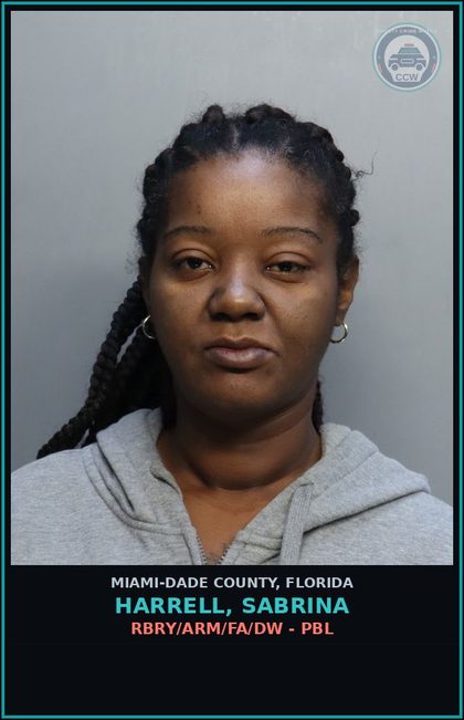 CCW arrest card for HARRELL, SABRINA in Miami-Dade County: RBRY/ARM/FA/DW - PBL