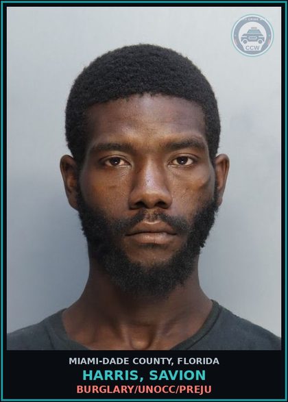 CCW arrest card for HARRIS, SAVION in Miami-Dade County: BURGLARY/UNOCC/PREJU