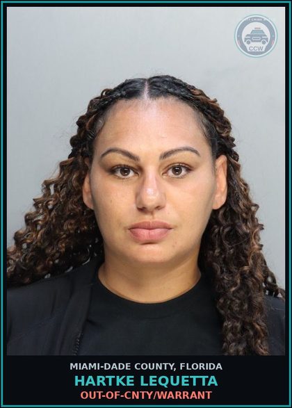 CCW arrest card for HARTKE LEQUETTA in Miami-Dade County: OUT-OF-CNTY/WARRANT