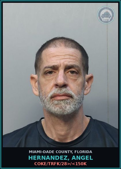 CCW arrest card for HERNANDEZ, ANGEL in Miami-Dade County: COKE/TRFK/28>/<150K