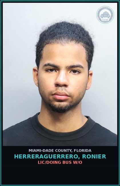 CCW arrest card for HERRERAGUERRERO, RONIER in Miami-Dade County: LIC/DOING BUS W/O