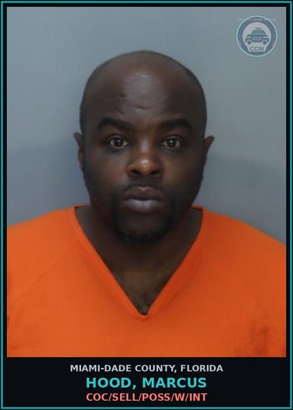 CCW arrest card for HOOD, MARCUS in Miami-Dade County: COC/SELL/POSS/W/INT