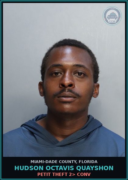 CCW arrest card for HUDSON OCTAVIS  QUAYSHON in Miami-Dade County: PETIT THEFT 2> CONV
