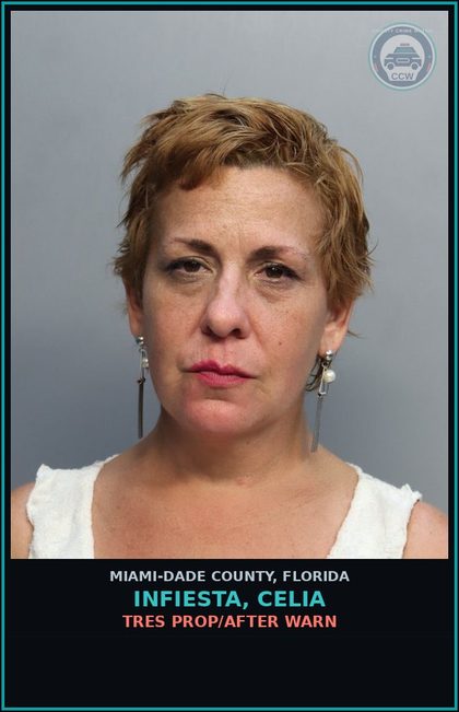 CCW arrest card for INFIESTA, CELIA in Miami-Dade County: TRES PROP/AFTER WARN