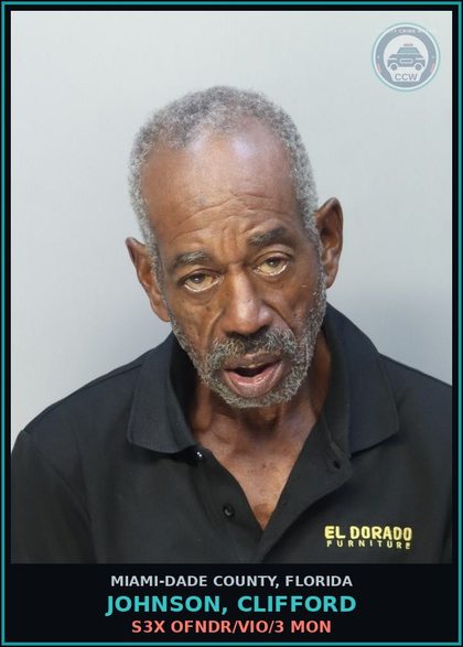 CCW arrest card for JOHNSON, CLIFFORD in Miami-Dade County: s3x OFNDR/VIO/3 MON
