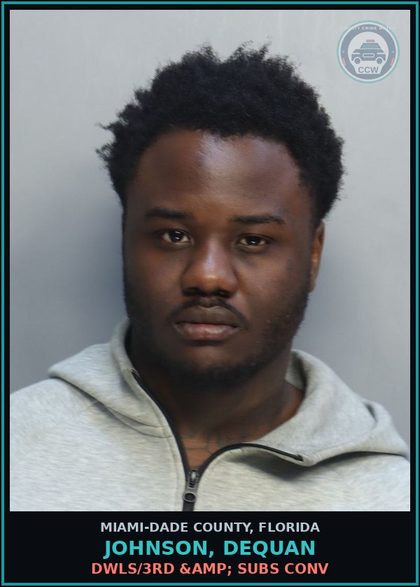 CCW arrest card for JOHNSON, DEQUAN in Miami-Dade County: DWLS/3RD &amp; SUBS CONV