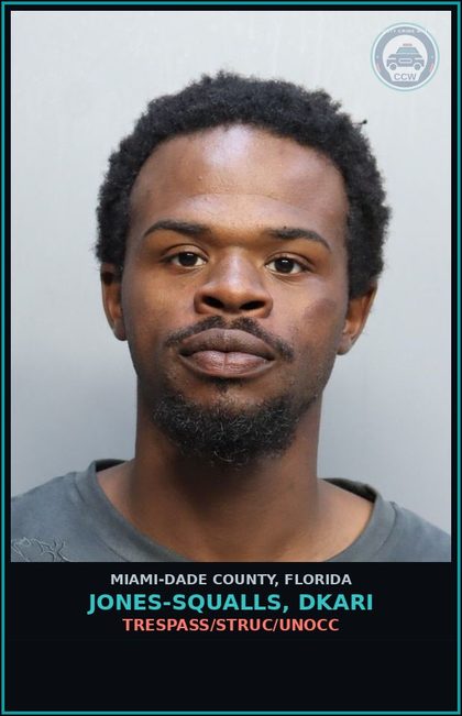 CCW arrest card for JONES-SQUALLS, DKARI in Miami-Dade County: TRESPASS/STRUC/UNOCC