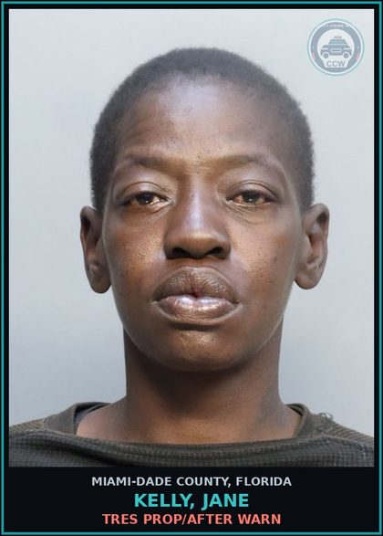 CCW arrest card for KELLY, JANE in Miami-Dade County: TRES PROP/AFTER WARN