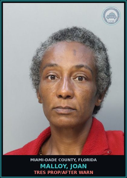 CCW arrest card for MALLOY, JOAN in Miami-Dade County: TRES PROP/AFTER WARN