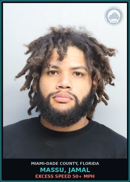 CCW arrest card for MASSU, JAMAL in Miami-Dade County: EXCESS SPEED 50+ MPH