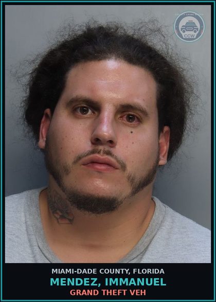 CCW arrest card for MENDEZ, IMMANUEL in Miami-Dade County: GRAND THEFT VEH