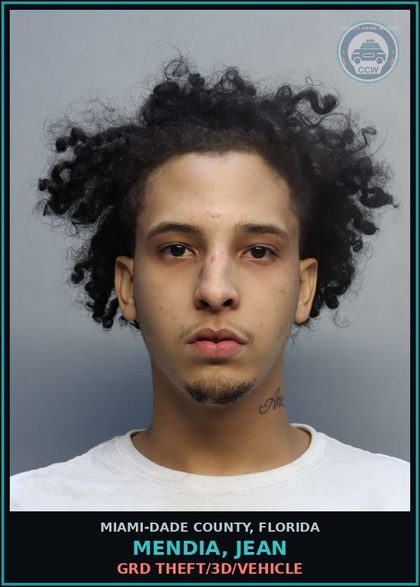 CCW arrest card for MENDIA, JEAN in Miami-Dade County: GRD THEFT/3D/VEHICLE