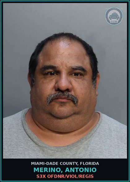 CCW arrest card for MERINO, ANTONIO in Miami-Dade County: s3x OFDNR/VIOL/REGIS