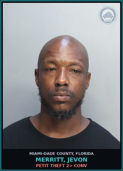 CCW arrest card for MERRITT, JEVON in Miami-Dade County: PETIT THEFT 2> CONV