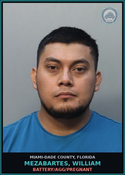 CCW arrest card for MEZABARTES, WILLIAM in Miami-Dade County: BATTERY/AGG/PREGNANT