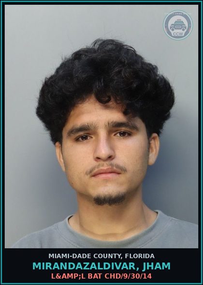 CCW arrest card for MIRANDAZALDIVAR, JHAM in Miami-Dade County: L&amp;L BAT CHD/9/30/14