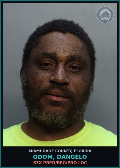 CCW arrest card for ODOM, DANGELO in Miami-Dade County: s3x PRED/REG/PRO LOC