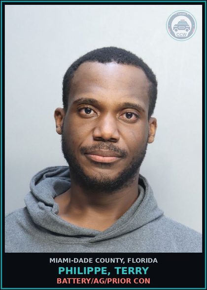 CCW arrest card for PHILIPPE, TERRY in Miami-Dade County: BATTERY/AG/PRIOR CON