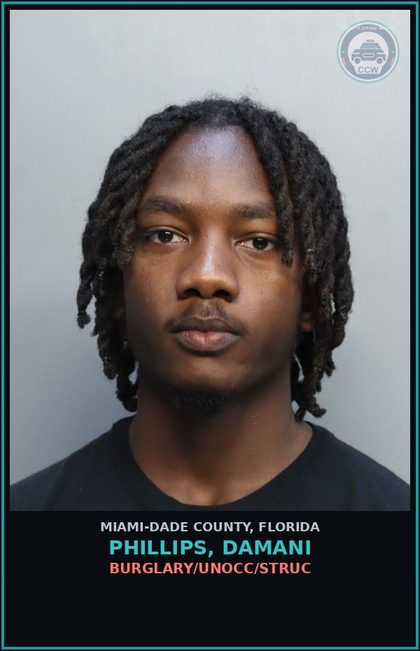 CCW arrest card for PHILLIPS, DAMANI in Miami-Dade County: BURGLARY/UNOCC/STRUC