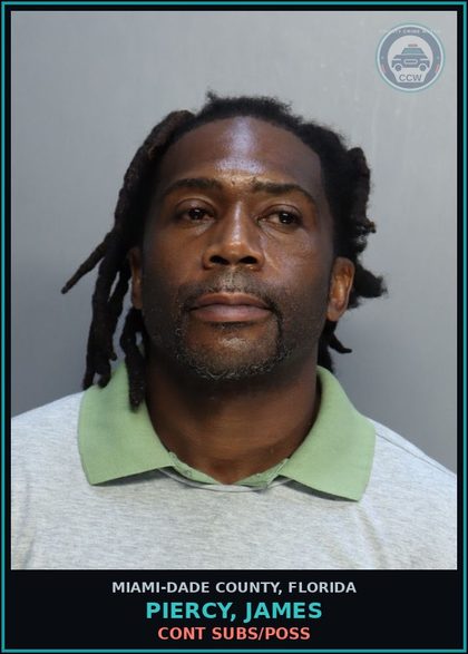 CCW arrest card for PIERCY, JAMES in Miami-Dade County: CONT SUBS/POSS