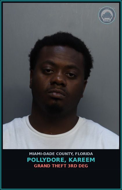 CCW arrest card for POLLYDORE, KAREEM in Miami-Dade County: GRAND THEFT 3RD DEG
