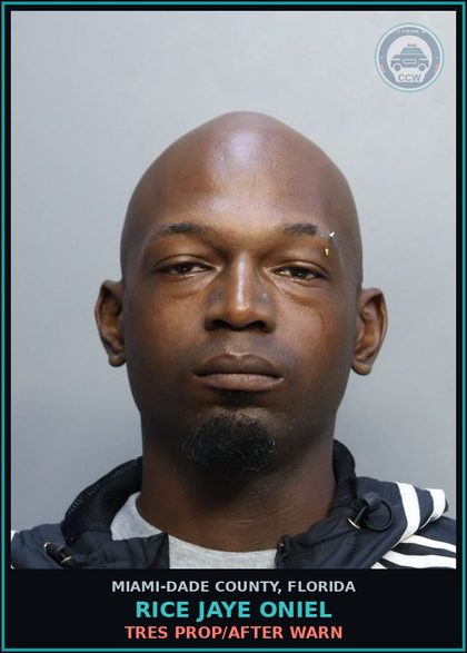CCW arrest card for RICE JAYE  ONIEL in Miami-Dade County: TRES PROP/AFTER WARN