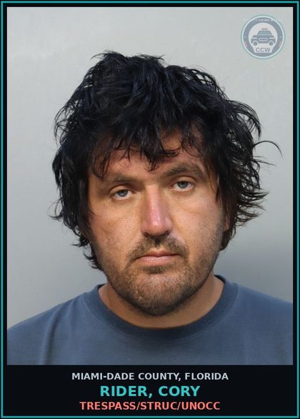 CCW arrest card for RIDER, CORY in Miami-Dade County: TRESPASS/STRUC/UNOCC