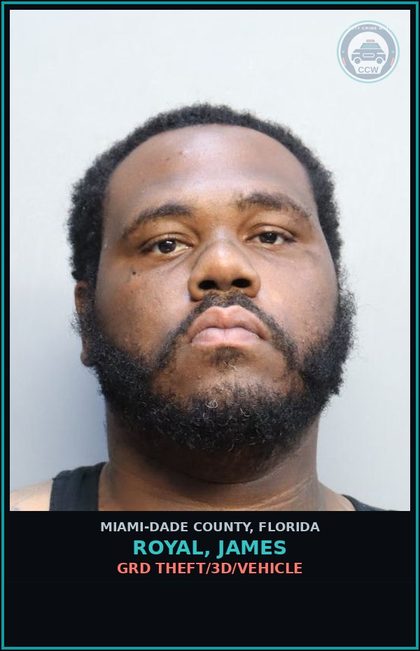 CCW arrest card for ROYAL, JAMES in Miami-Dade County: GRD THEFT/3D/VEHICLE