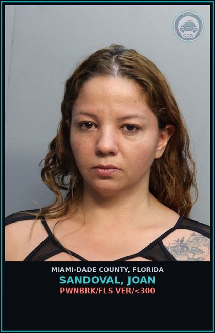 CCW arrest card for SANDOVAL, JOAN in Miami-Dade County: PWNBRK/FLS VER/<300
