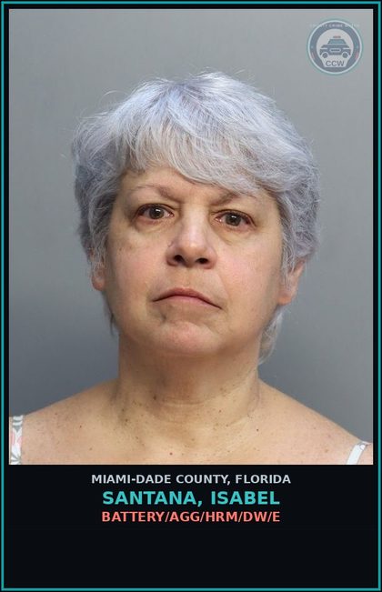 CCW arrest card for SANTANA, ISABEL in Miami-Dade County: BATTERY/AGG/HRM/DW/E