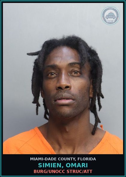 CCW arrest card for SIMIEN, OMARI in Miami-Dade County: BURG/UNOCC STRUC/ATT