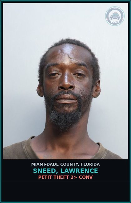 CCW arrest card for SNEED, LAWRENCE in Miami-Dade County: PETIT THEFT 2> CONV