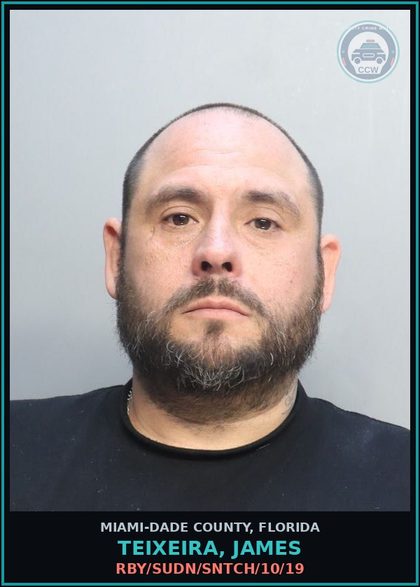 CCW arrest card for TEIXEIRA, JAMES in Miami-Dade County: RBY/SUDN/SNTCH/10/19