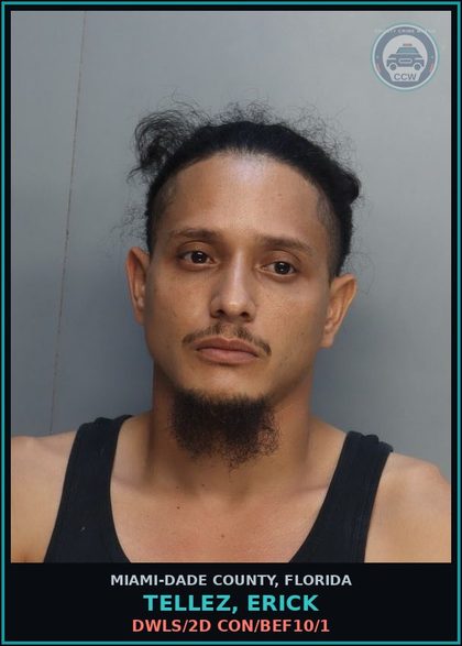 CCW arrest card for TELLEZ, ERICK in Miami-Dade County: DWLS/2D CON/BEF10/1